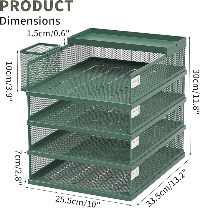 Stackable Letter Trays, 4 Tier Metal Paper Tray & Desk Organizer, Stackable File Trays for Office & Home, Multi-Functional Document Tray with Fine Grid Design & Magnetic Labels,Green