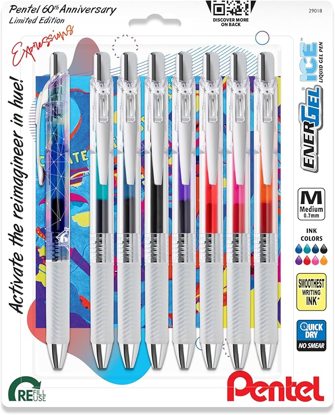 Pentel EnerGel Expressions, 60th Anniversary Limited Edition Pack, ICE Liquid Gel Pens, (0.7mm) Medium Line, Assorted Ink Colors, Pack of 8 (BL77TLABP8M)