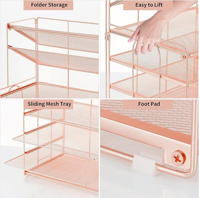 Desk Organizers and Accessories, 6-Tier Letter Tray Paper Organizer, Desktop File Organizer, Office Desk Accessories for Office Supplies (Rose Gold)