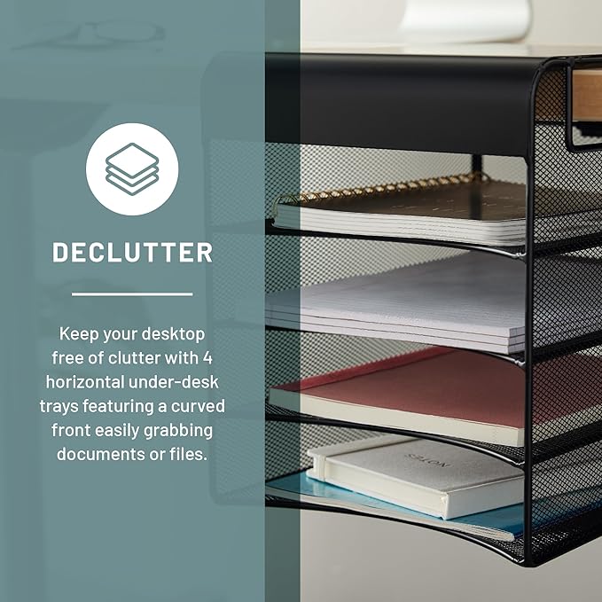 Safco Onyx Hanging Under Desk Organizer, 4 Trays, Office and Classroom Mailbox , Paper and Mail Sorter, Steel Mesh, Black