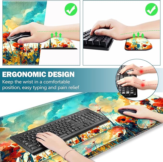 ARTSO Gaming Mouse Pad Wrist Support Set, XXL Large Desk Mat Mousepad + Keyboard Wrist Support+ Mouse Wrist Rest+Coaster 4in1 Ergonomic, Stitched Edge for Home Office -Oil Painting Flowers Plants