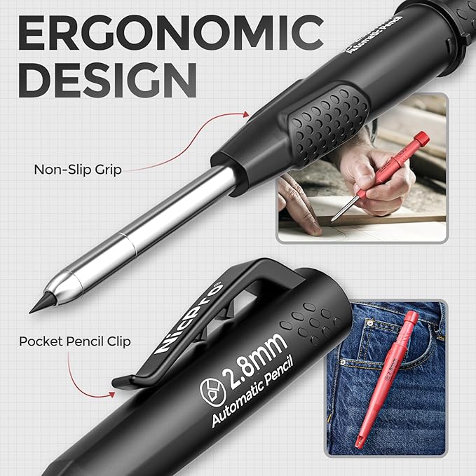 Nicpro 3 Pack CP3000 Carpenter Pencils with Sharpener, Carpenter Mechanical Pencil Set with 57 Refills, Heavy Duty Woodworking Tools Construction Pencil for Architect Marking (Red, Black, Yellow)