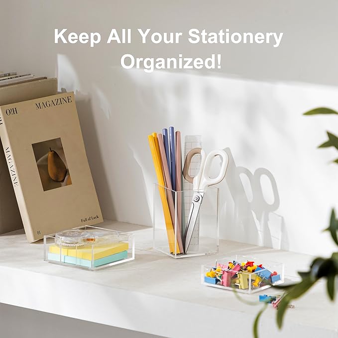 HBlife Office Desk Organizer Set of 3 with Pen Pencil Holder, Paperclip Storage and Sticky Note Holder, Clear Acrylic Desktop Accessories and Workspace Organizers for Women or Men