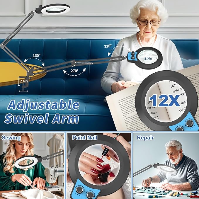 12X Magnifying Glass with Light Hands Free, 2025 New Upgrade Infinite Color and Brightness Desk Lamp & Clamp, 2-in-1 LED Lighted Magnifier Stand for Craft Reading Hobby Close Work-Blue