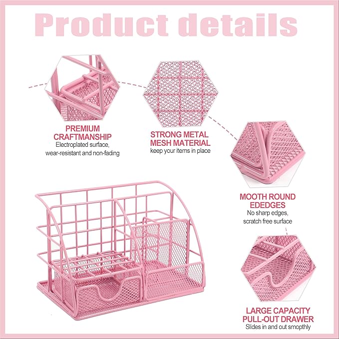 Pink Desk Organizers and Accessories Office Supplies Set Stapler, Pen Holder, Phone Holder, Scissors, Pen, Ruler, 30 Paper Clips, 22 Binder Clip, 20 Tacks and 1000pcs Staples