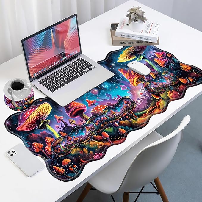 XXL Gaming Mouse Pad Set, 31.5"x11.8" Large Desk Mat with Keyboard Wrist Rest and Mouse Wrist Cushion, Ergonomic Office Mouse Pad for Home & Work Non-Slip Extended Desk Pad, Beautiful Mushrooms