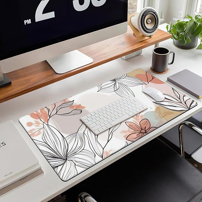 Large Gaming Mouse Pad for Desk, Abstract Flowers and Leaves Desk Mat for Desktop, Non-Slip Rubber Base Stitched Edges Long Computer Keyboard Mouse Mat Desk Pad for Home Office Gaming 35.4"X15.7"