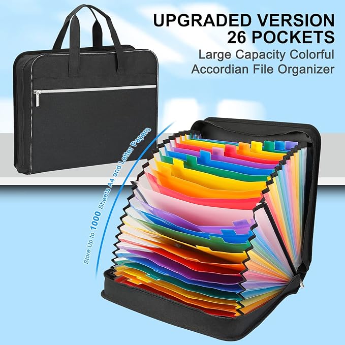 SEEKIND Accordian File Organizer with Handle,26 Pockets Expanding File Folder, Portable Cloth Document Organizer Accordion File Keeper for Letter Size / A4 File, for Office, School-Black