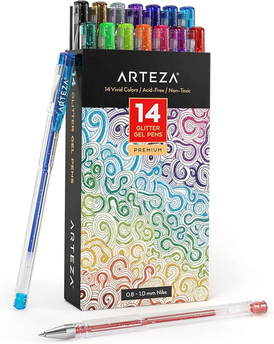 ARTEZA Glitter Gel Pens, Set of 14 – Colored Ink Markers with Triangular Grip, 0.8–1.0 mm Tip for Adult Coloring, Drawing & Decorative Writing