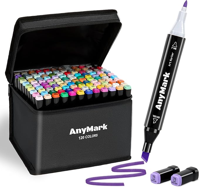 AnyMark Alcohol Markers, 120 Colors Dual Tip Art Coloring Markers Set for Kids Adult Book Drawing Sketching Painting, Chisel & Fine, Black Penholder