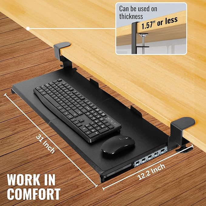 Keyboard Tray Under Desk Slide Out – Large 27" (31" Wide with Clamps) Computer Drawer Pull Out with Sturdy C-Clamp Mount, Ergonomic Keyboard Holder Under Desk Tray, Black
