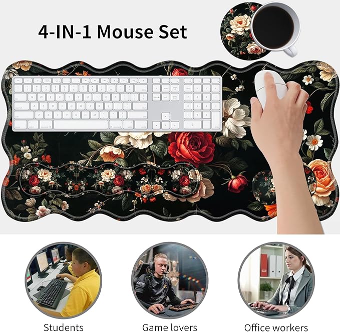 Office Mouse Pad Set with Wrist Support, Large 31.5"x11.8" Desk Mat, Ergonomic Memory Foam Keyboard Wrist Rest, Non-Slip Durable Mouse Pad for Work & Home, Beautiful Flowers