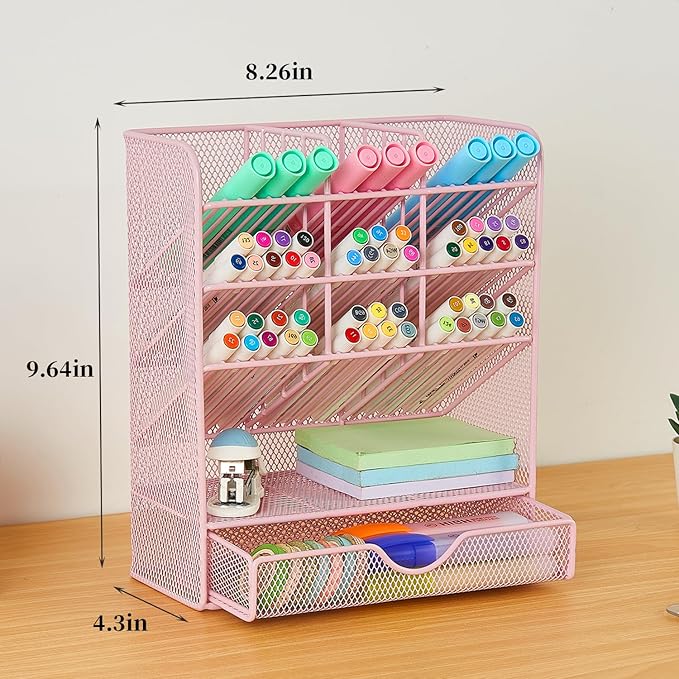 Spacrea Pen Holder Desk Organizer - Desk Organizers and Accessories, Pencil Holder with 10 Compartments and 1 Drawer（Pink）