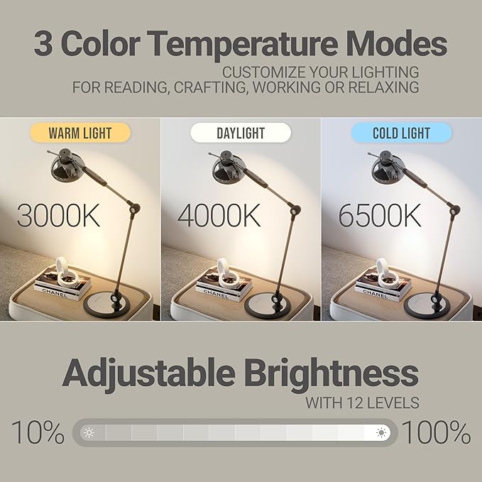 OTUS LED Desk Lamp for Home Office with Gesture Control | Eye-Caring Desk Light 1500 Lux, 12 Brightness & 3 Color | Architect Desk Lamp with Adjustable Swing Arm | Table Light for Work, Study, Reading