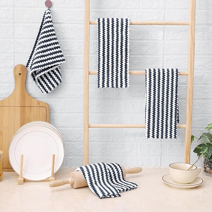 Homaxy Kitchen Towels(24 Pack, 10 x 20 inches), Ultra Soft and Absorbent Dish Towels, Reusable Fast Drying Microfiber Cleaning Cloth, Coral Velvet Wave Design No-lint, Dark Grey