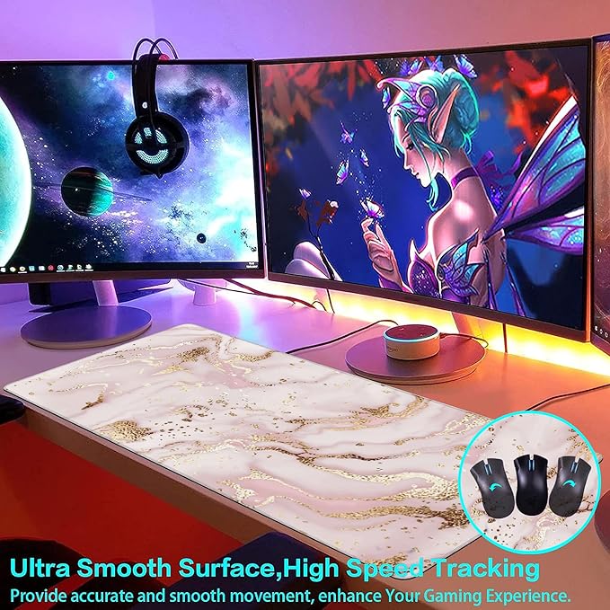 Large Gaming Mouse Pad for Desk, Gold Pink Marble Desk Mat for Desktop, Non-Slip Rubber Base Stitched Edges Long Computer Keyboard Mouse Mat Desk Pad for Home Office Gaming 35.4"X15.7"