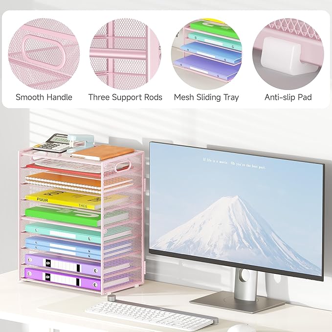 9 Tier Paper Organizer with Handle, Large Capacity Desk Organizer Mesh Paper Letter Tray File Folder Document Sorter for Classroom and Office Accessories Organization- Pink (2 Pack)