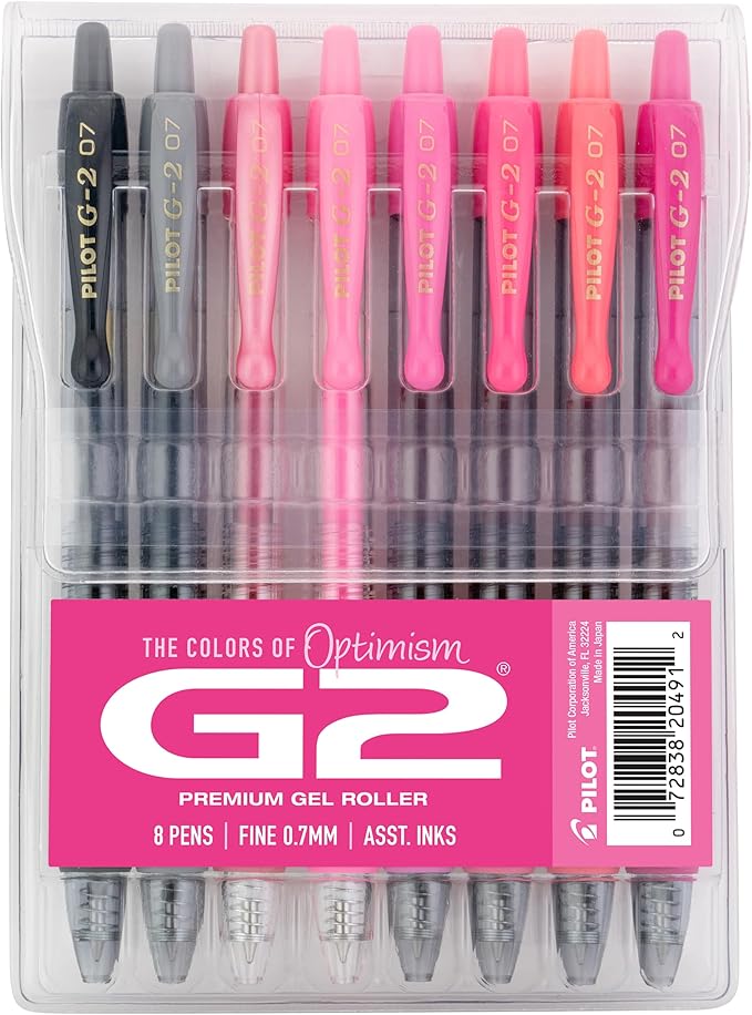 Pilot G2 Premium Gel Roller Pens, Fine Point Gel Pens, Boost Pink Pack, The Colors of Optimism, 8-Pack Pouch, 0.7 mm, Assorted - Ideal for School, Journaling, & Office Writing