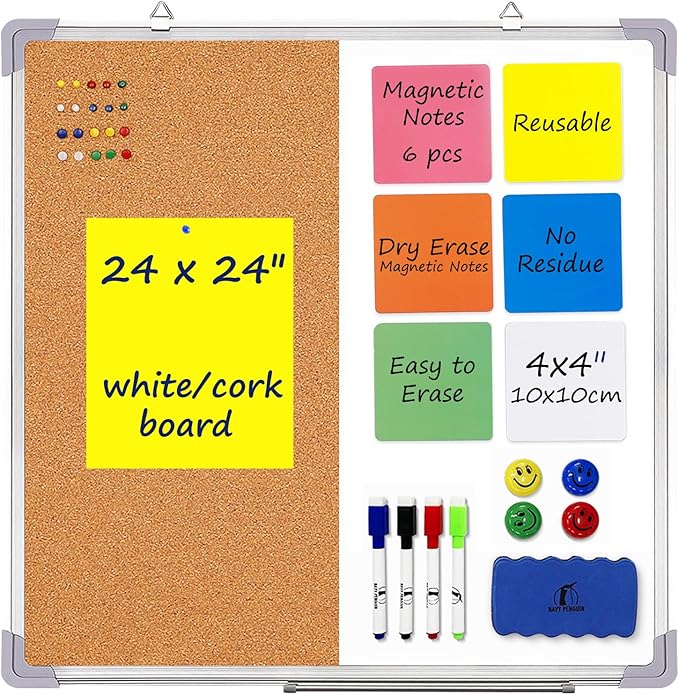Cork Board White Board Combo - 24 x 24 Dry Erase Cork Board with 1 Dry Eraser, 4 Markers, 4 Magnets, 10 Thumb Tacks and 6 Magnetic Notes - Message Bulletin Board White Board for Home Office Desk