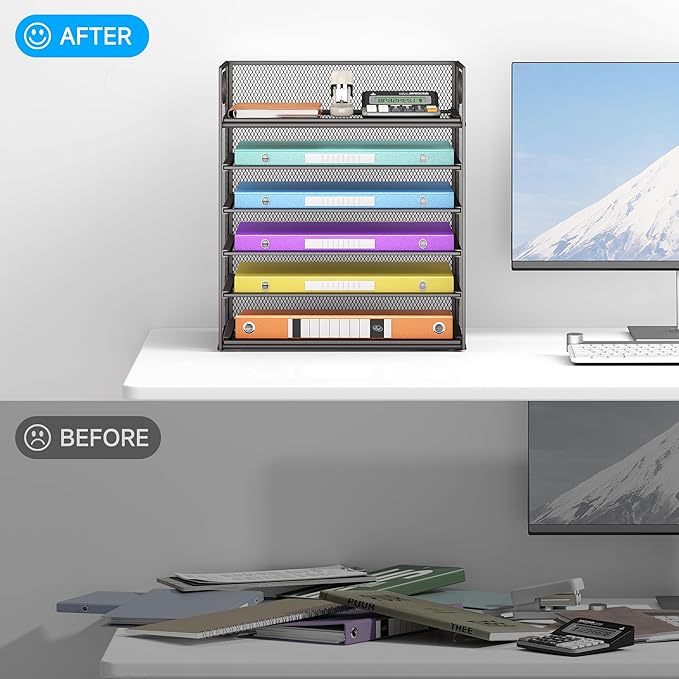 6 Tiers Letter Tray Paper Organizer With Handle, Mesh Desk File Organizer, Metal Desktop Document Shelf, Paper Sorter for Office, Home or School File Folder Holder - Grey