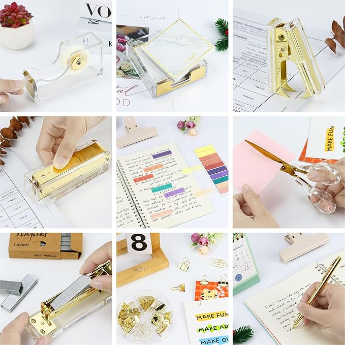 Buqoo Gold Acrylic Sticky Notes Holder Stapler and Tape Dispenser Cutter with Staple Remover, Sticky Notes, Paper Clips, Scissor, Ballpoint Pen for School Home N Office Supplies