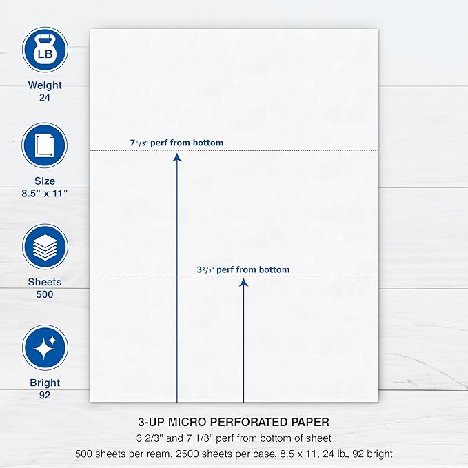 PrintWorks Professional 3 Part Perforated Paper 8.5” x 11” - Perfect For W-2, 1099, & Statement Use - Made in the USA - 2500 Sheets - 24 lb - Printer Compatible - White (04122C)