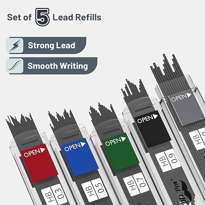 Mr. Pen Mechanical Pencil Set with Lead and Eraser Refills, 5 Sizes - 0.3, 0.5, 0.7, 0.9 and 2 Millimeters, Drafting, Sketching, Illustrations, Architecture, Christmas Gift