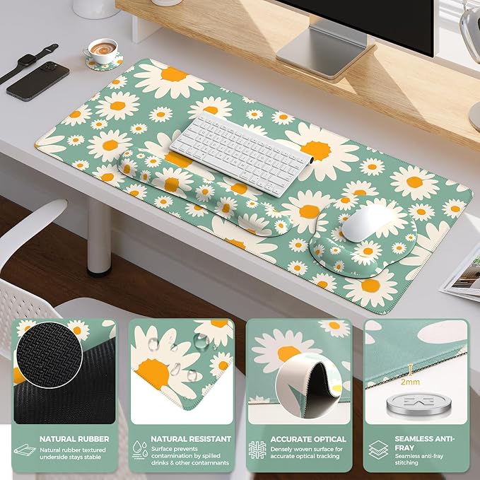 iCasso Desk Cover Mat, 4in1 Floral Large Mouse Pad with Wrist Rest, Desk Matt for Desktop, Anti-Slip XXL Big Computer Ergonomic Mousepad with Wrist Support for Keyboard and Mouse (Daisy)