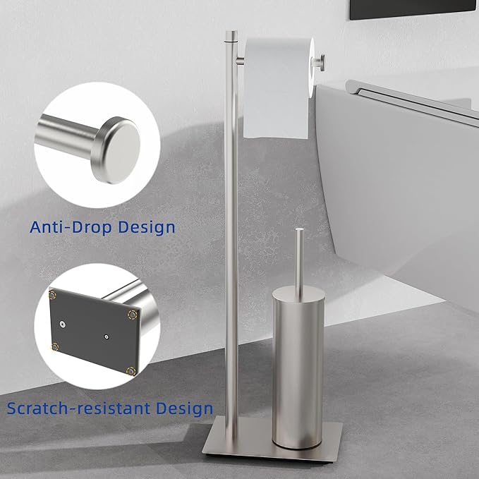 RUACQ Toilet Paper Holder Stand with Toilet Brush and Holder Set, 304 Stainless Steel Bathroom Toilet Tissue Paper Roll Holder Free Standing, Weighted Base, Heavy Duty (Brushed Nickel)