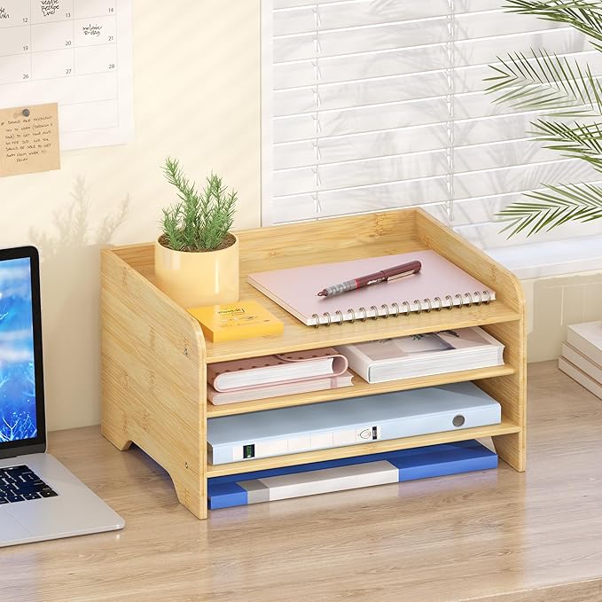 Bamboo Desk Organizer Mail Holder Countertop Letter Tray File Organizer for Desk Letter Sorter Paper File Storage for School Home Office Supplies