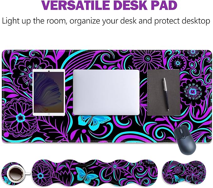 ARTSO Purple Desk Mat, Large Gaming Mouse Pad with Wrist Rest, Flower Butterfly XXL Mousepad+Keyboard Wrist Rest+Mouse Pad Wrist Support+Coaster Set for Home Office Accessories