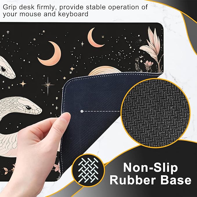 Gaming Mouse Pad, White Snake and Starry Moon Flower Large Desk Mat for Keyboard and Mouse,Non-Slip Rubber Base and Stitched Edges Desk Pad for Home Office 35.4x15.7in