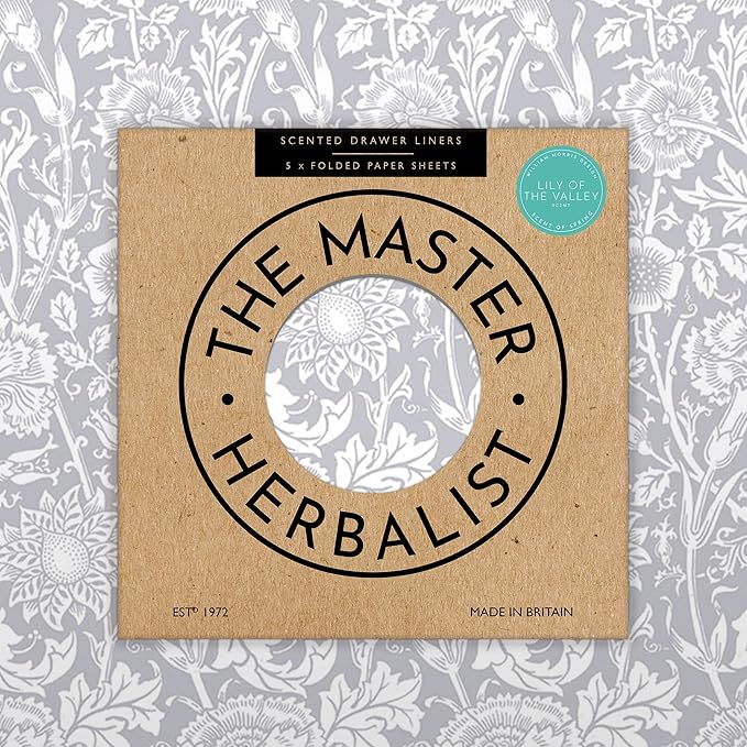 The Master Herbalist LILY OF THE VALLEY Scented Drawer Liners in a GREY William Morris Design | Pack of 5 Sheets (FOLDED) | Contains Essential Oils | Made in Britain