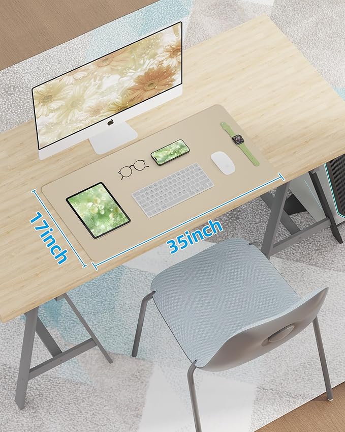 AFIING Leather Desk Pad Protector, Mouse Pad, Office Desk Mat, Non-Slip PU Leather Desk Blotter, Large Desk Mat, Waterproof Keyboard Mat for Office/Home/Decor (Beige, 48" x 17")