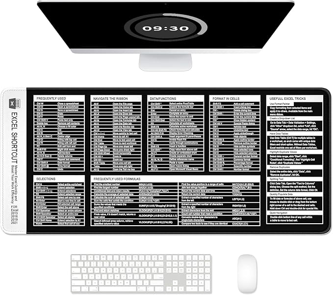 Excel Shortcut Keys Mouse Pad, Large Extended XL XXL Cheat Sheet Gaming Mouse Pad, Office Spreadsheet Desk Mat, Long Big Keyboard Mat, Desk Pad for Desktop, Non-Slip, Stitched, 31.5" x 11.8", Black