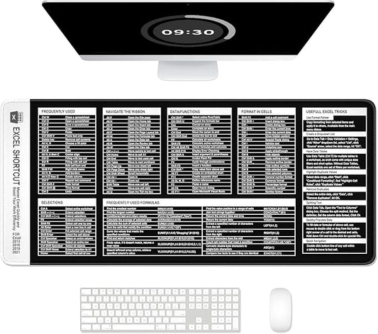 Excel Shortcut Keys Mouse Pad, Large Extended XL XXL Cheat Sheet Gaming Mouse Pad, Office Spreadsheet Desk Mat, Long Big Keyboard Mat, Desk Pad for Desktop, Non-Slip, Stitched, 31.5" x 11.8", Black