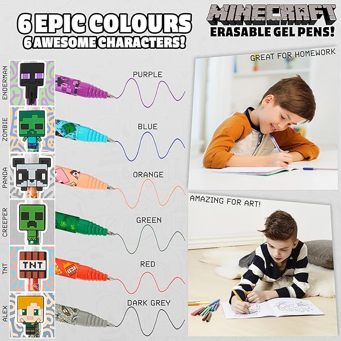 Minecraft Erasable Gel Pens Set, Colored Pens with Erasers Pack of 6, School Supplies - Gifts for Boys