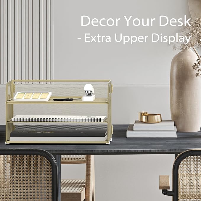 Supeasy 3 Tier Paper Organizer with Handle, Mesh Desk Organizer Letter Tray, Paper Tray File Organizer for A4 File Folder, Yellow