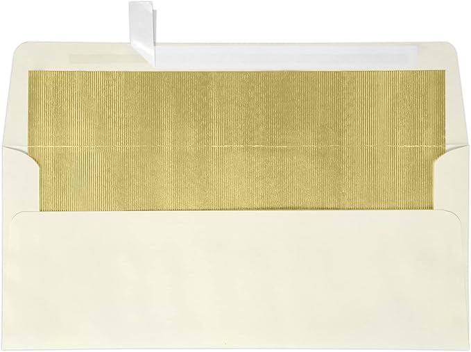 LUXPaper #10 Foil Lined Business Envelopes | Peel & Press | 4 1/8" x 9 1/2" | Natural w/Gold LUX Lining | 70lb. Text | 50 Qty