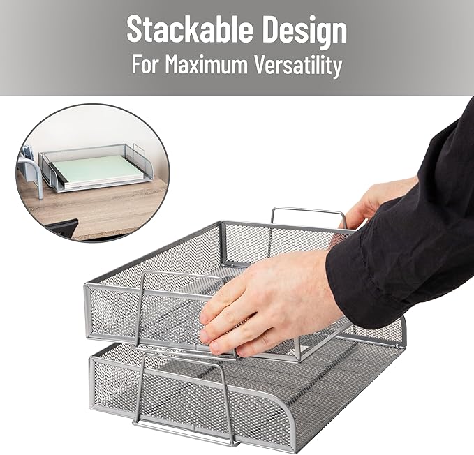 Mind Reader Stackable Paper Tray, Desktop Organizer, File Storage, Office, Metal Mesh, 13.25" L x 9.75" W x 6.25" H, 2 Pcs., Silver