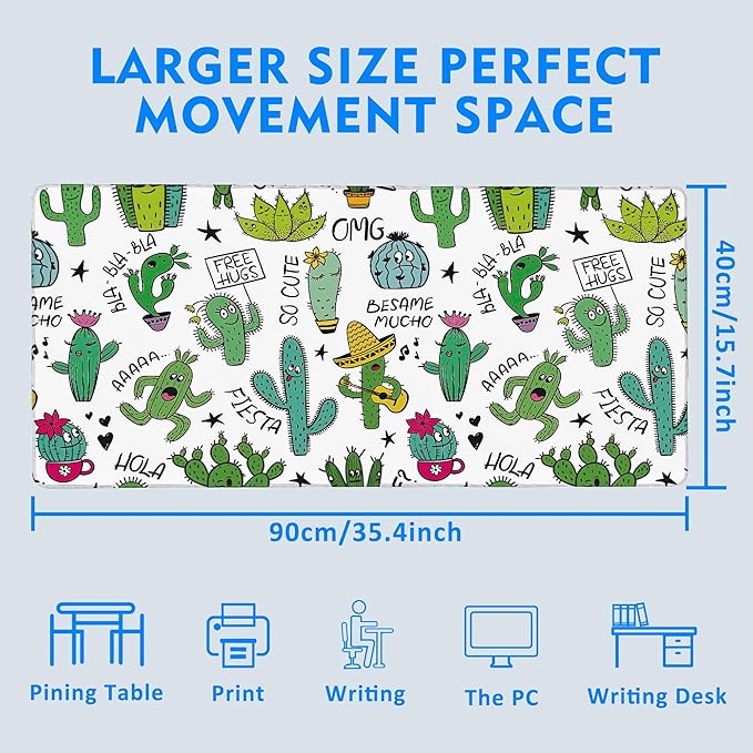Large Extended Mouse Pad Art Cartoon Cactus Desk Mat,Large Gaming Mouse Pad,Big Desk Pad with Thick Stitched Edges Suit for Home Office or Gaming 35.4x15.7 Inch
