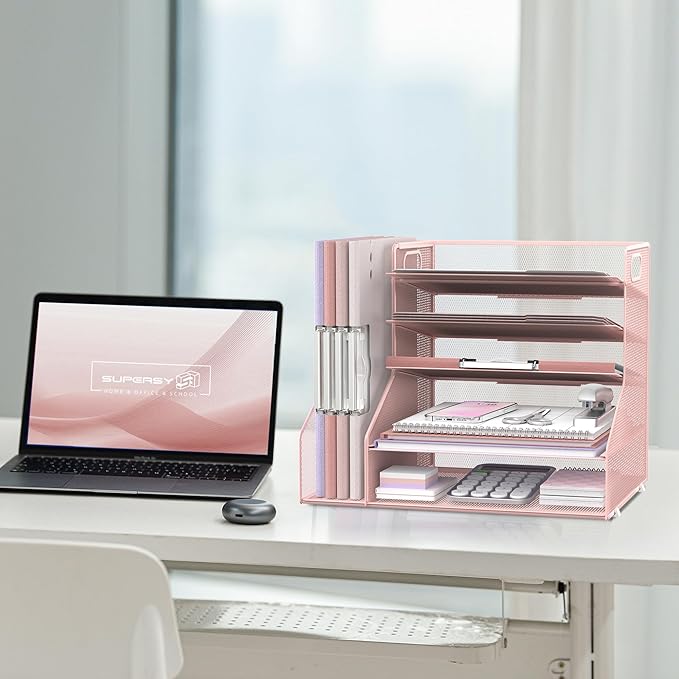 SUPEASY Desk Organizer with File Holder, 5-Tier Mesh Paper Letter Tray with Magazine Holder, Desktop Organizer and Storage for Desk Accessories Office Supplies, Pink