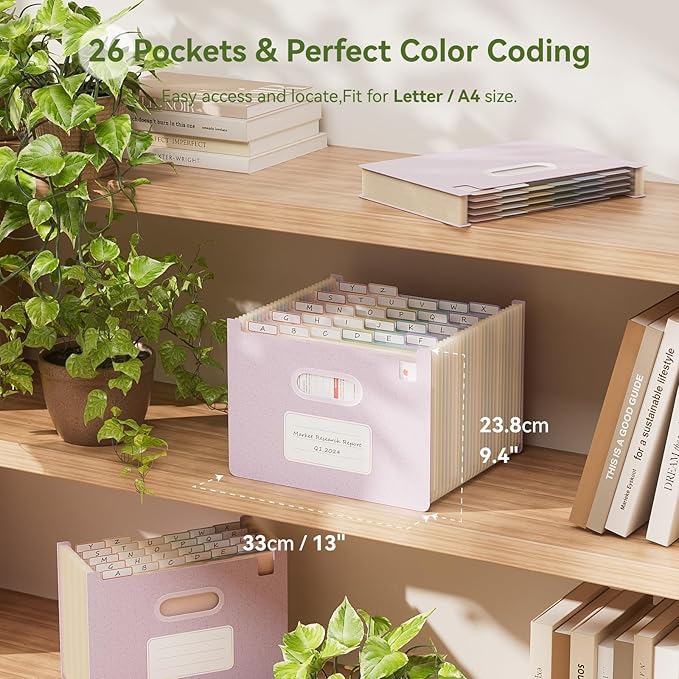 Accordion File Organizer, 26 Pockets Wheat Straw Expanding File Folders, Upright&Open Top, A-Z Bill Receipt Organizer, 100% BPA Free, Return to Nature, Healthy Living, Letter/A4 Size-Lavender Purple