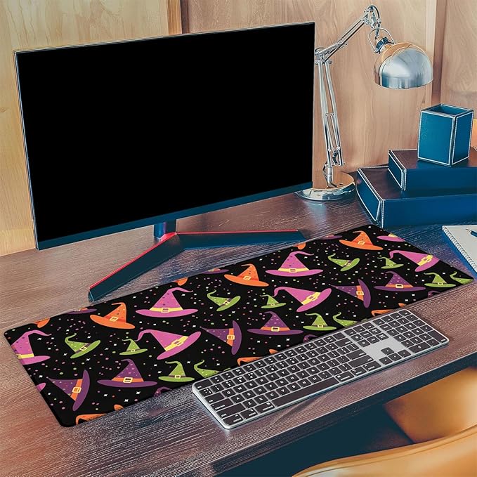 Witch Hat Gaming Mouse Pad, Extended Colorful Spooky Desk Mat Computer Laptop Mousepad, Robust Stitched Edges, 31.5"×11.8" Large Office Keyboard Halloween Mouse Pads for Home Desktop Decor