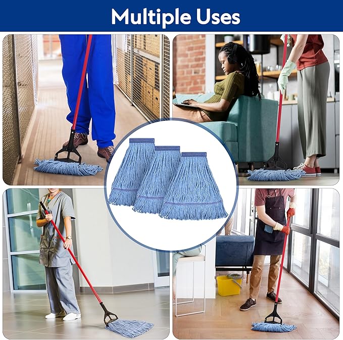 Matthew Cleaning Heavy Duty Mop Head Commercial Replacement for General and Floor Cleaning, Wet Industrial Blue Cotton Looped End String Head Refill (Pack of 12) Blue
