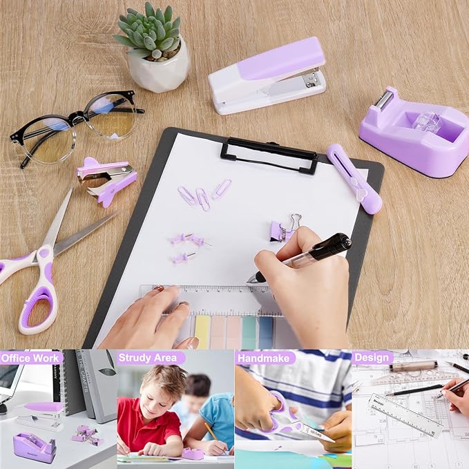 Purple Office Supplies, Purple Desk Accessories for Women, Cute Stapler and Tape Dispenser Set- Staple Remover, Clips, Staples, Scissor, Knife, Ruler, Tabs, Gift for Coworkers, Students