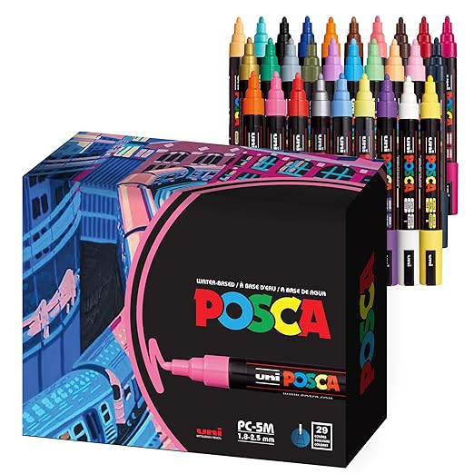 Uni Posca Paint Markers, 5M Medium Acrylic Markers with Reversible Tips, Art Supplies For Fabric, Metal, Glass, Rocks, Wood and Canvas, Assorted Colors, Set of 29
