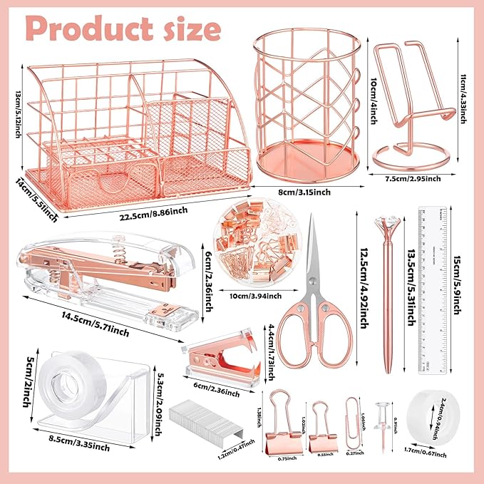 Rose Gold Office Supplies and Accessories, Rose Gold Mesh Desk Organizers with Tape Holder, Tape, Stapler, Staple Remover, 1000pcs Staples, Pen, Pen Holder, Ruler, Phone Holder, Clips, Scissor