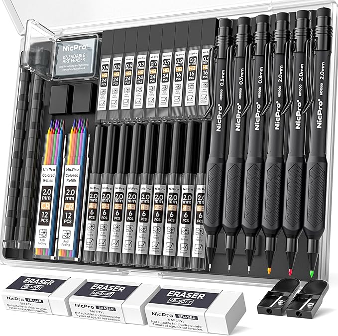 Nicpro 6PCS Weatherproof Mechanical Pencil Set, 3 PCS Art Mechanical Pencils 0.5 mm & 0.7 mm & 0.9 mm & 3 PCS 2mm Lead Holder (6B 4B 2B HB 2H 4H Colors) For Outdoor For Writing, Sketching Drawing