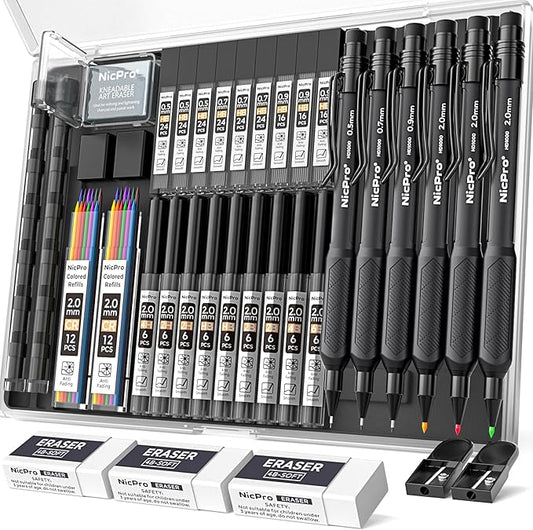 Nicpro 6PCS Weatherproof Mechanical Pencil Set, 3 PCS Art Mechanical Pencils 0.5 mm & 0.7 mm & 0.9 mm & 3 PCS 2mm Lead Holder (6B 4B 2B HB 2H 4H Colors) For Outdoor For Writing, Sketching Drawing